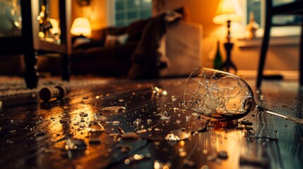 A close-up image of a shattered wine glass on a dark wooden floor in a dimly lit room. The glass is broken into many pieces, and there is a pool of red wine on the floor