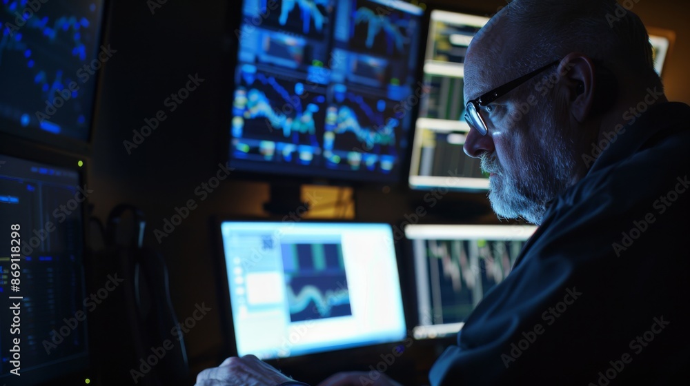 Poster a cybersecurity expert examines digital data on multiple computer screens, highlighting the importan
