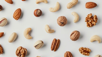 A flat lay of various nuts, including almonds, cashews, pistachios, walnuts, and pecans, arranged on a white surface with ample space surrounding them