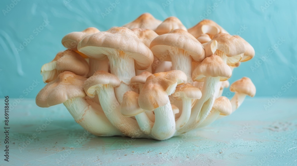 Poster a close-up photo of fresh nameko mushrooms arranged artfully on a delicate pastel surface. the mushr