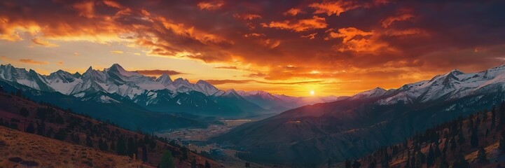 Dark Sunset over rocky cloudy mountains, Wide Background