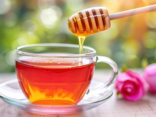 A close-up of honey being dripped into a glass cup of tea with pink flowers in the background on a sunny day.