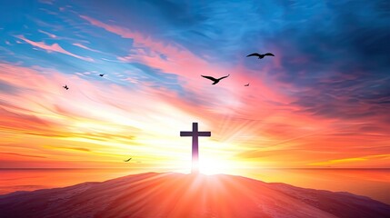 Obraz premium A cross on a hilltop at sunrise with a vibrant sky and birds flying, symbolizing hope, faith, and spirituality.
