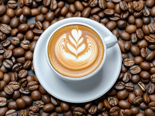 A cup of coffee with latte art surrounded by coffee beans, showcasing the essence of a perfect morning brew.