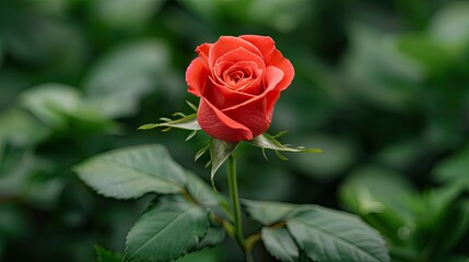 Close-up of a vibrant red rose in full bloom, surrounded by lush green leaves, capturing the beauty and elegance of nature.