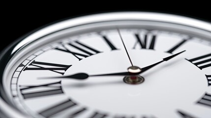 Close-up of an elegant clock face with Roman numerals, showcasing timeless beauty and precision in silver and white.