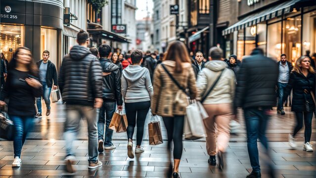 City Shopping Street Blur: A blurred background of a shopping street in the city with people walking, perfect for retail and urban lifestyle themes.	
