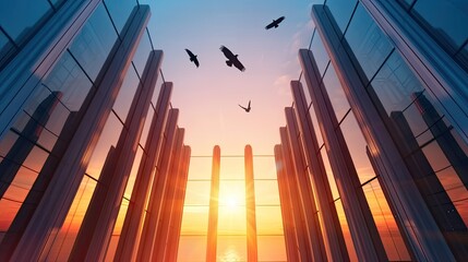Modern skyscrapers with reflective glass windows at sunset with birds flying in the sky,...