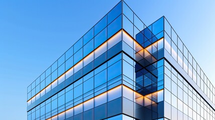 Obraz premium Modern glass office building against clear blue sky, showcasing contemporary architecture with reflective windows and sharp lines.