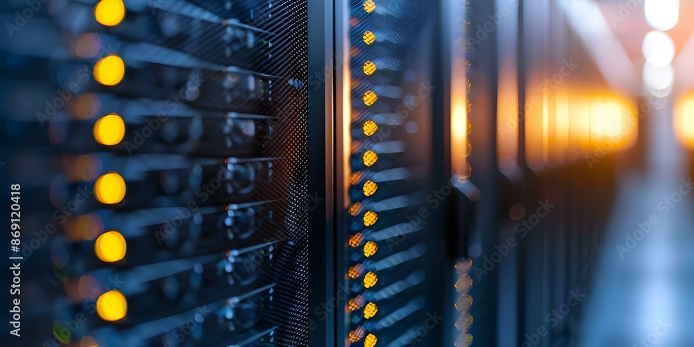 Poster modern data center showcasing dynamic lighting and network information systems technology. concept d