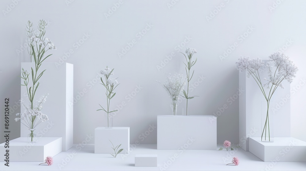 Aufkleber Geometric floral patterns on white cubes create a contemporary and clean scene. Ideal for modern design and architectural studios. Generative AI