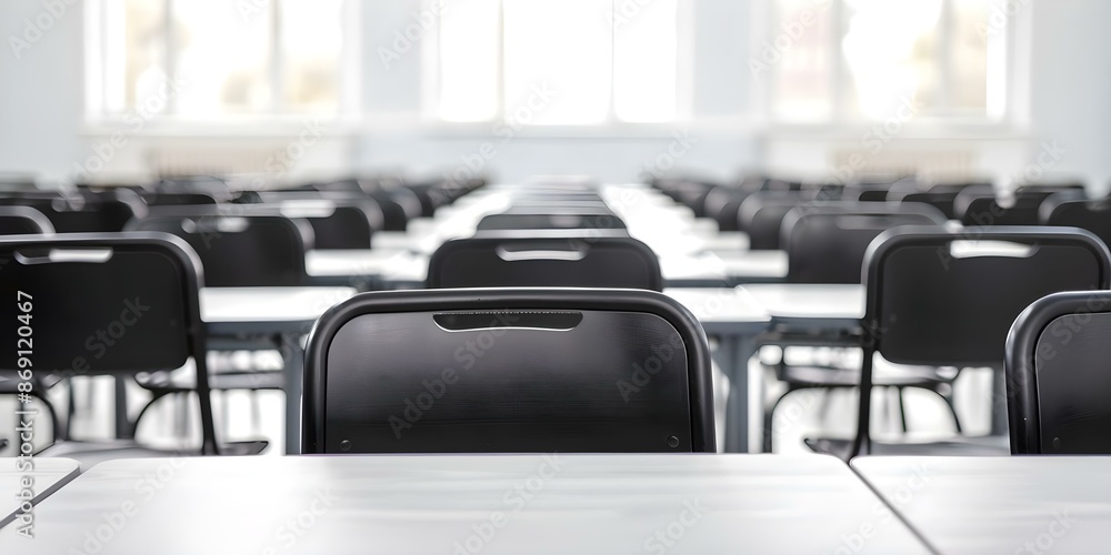 Poster empty classroom with neatly arranged desks in three rows before final exams. concept classroom decor