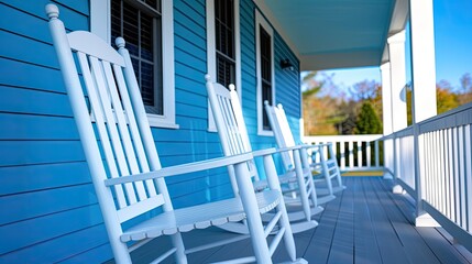 Fototapeta premium Tranquil porch with white rocking chairs and blue wooden siding, perfect for relaxation and enjoying a sunny day.