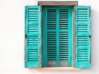Obraz premium Vintage turquoise shuttered window on a white wall, featuring rustic charm and vibrant colors, ideal for architectural or vintage-themed projects.