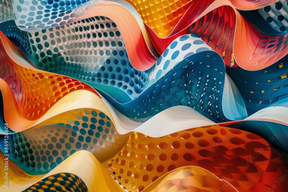 Poster close up of an abstract painting depicting a wave of colorful shapes blending together, abstract sha