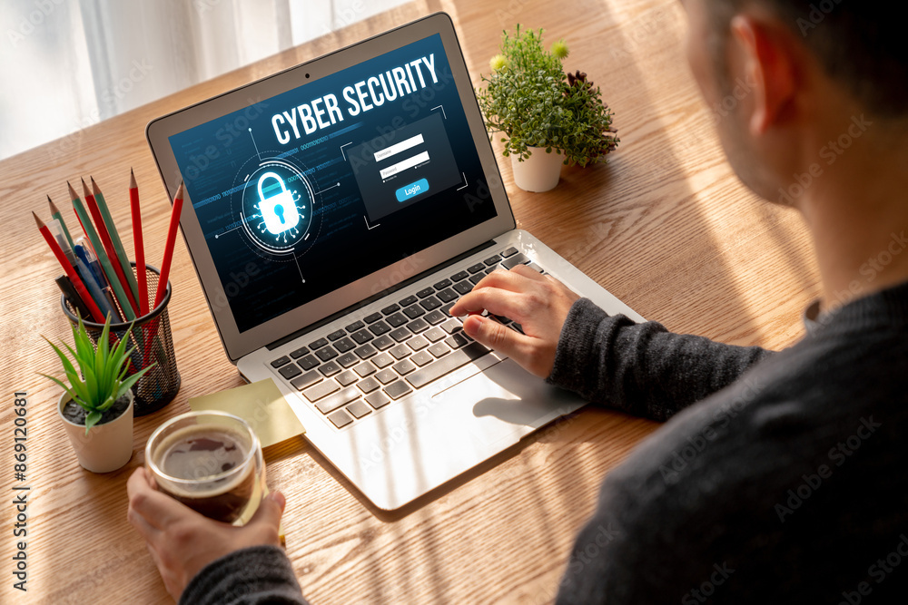 Poster cyber security system on computer screen protect private information snugly from hacker and cyber at