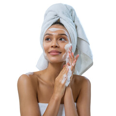 Smiling young woman washing foam face with natural foamy gel. Satisfied girl with bare shoulders applying cleansing beauty product on cheeks and closed eyes. Personal hygiene, skincare daily routine.