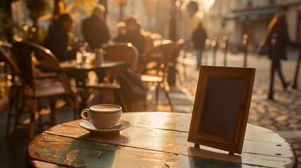 A photo of the text "xa bonreguau" written on a chalkboard in a small frame on a table inside a French cafe with a coffee cup, warm light, and blurry background people sitting and drinking coffee in t