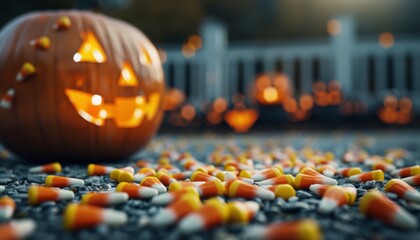 Halloween scene with a carved pumpkin and scattered candy corn on a graveled ground, illuminated by warm, glowing lights.