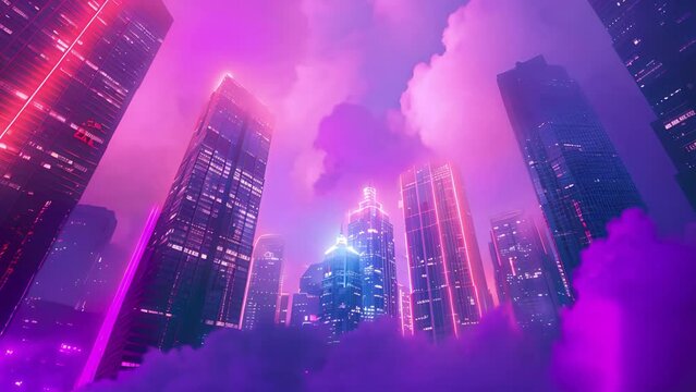 Neonlit towers tower over a foggy cyberpunk cityscape