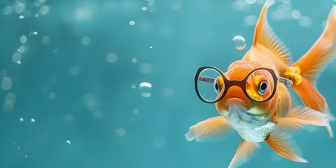 Colorful goldfish in glasses reading book underwater with bubbles whimsical aquatic scene. Concept Whimsical Aquarium Scene, Goldfish with Glasses, Underwater Reading Session, Colorful Bubbles