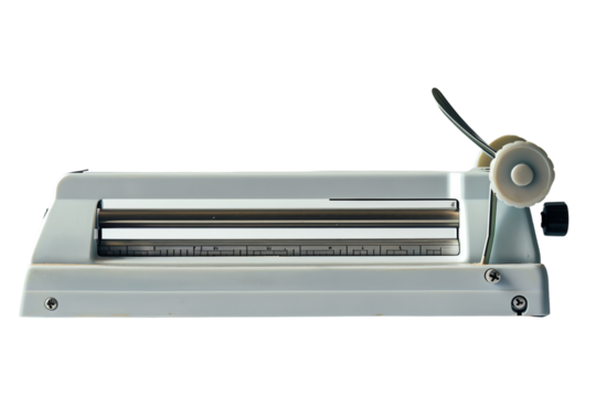 A close-up image of a professional paper cutter with a white background, showing its blade and handle for precise cutting.