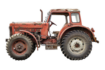 Obraz premium Rustic vintage tractor with large tires, worn body, and classic design, isolated on white background, ideal for agricultural themes.