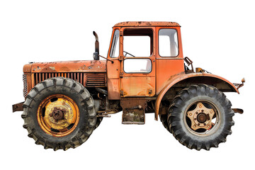 Obraz premium Side view of an old rusty tractor isolated on a white background, highlighting its aged and weathered condition.