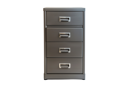 Modern metallic four-drawer filing cabinet on white background for office organization and storage.