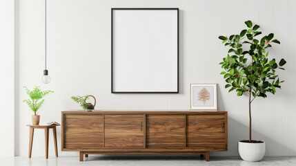 A blank poster frame hangs on a white wall in a modern living room with a wooden cabinet, plants, and a side table