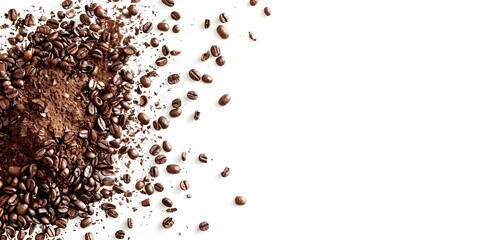 Contemporary and authentic depiction of ground roasted coffee on a white surface. Concept Coffee Photography, Roasted Beans, White Background