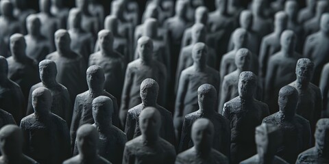 Obraz premium A crowd of gray figures symbolizing depersonalization and anonymity in uniformity. Concept Depersonalization, Anonymity, Gray Figures, Uniformity, Symbolism