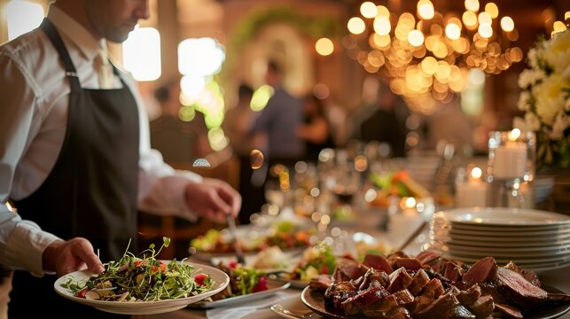 A waiter wearing a black apron serves roasted meat to wedding guests at a beautifully decorated reception venue - Powered by Adobe