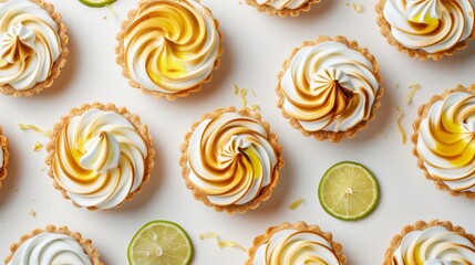 A commercial photography image showcasing a variety of key lime pie and lemon meringue tart desserts arranged on a white background
