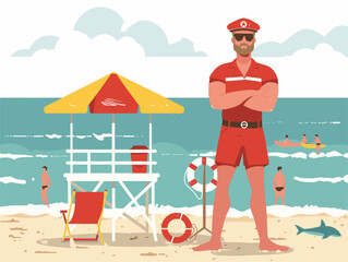 Fototapeta premium Animated Sentinels: Vigilant Lifeguards Ensure Safety at the Azure Coast