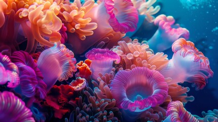 A close-up view of a vibrant coral reef teeming with life, showcasing colorful sea creatures and stunning underwater beauty