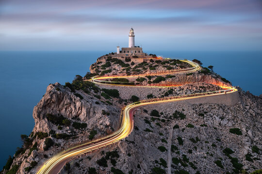  An outstanding view of the Lighthouse at Cap de Formentor, taken at the blue hour, Majorca, Balearic Islands, Spain