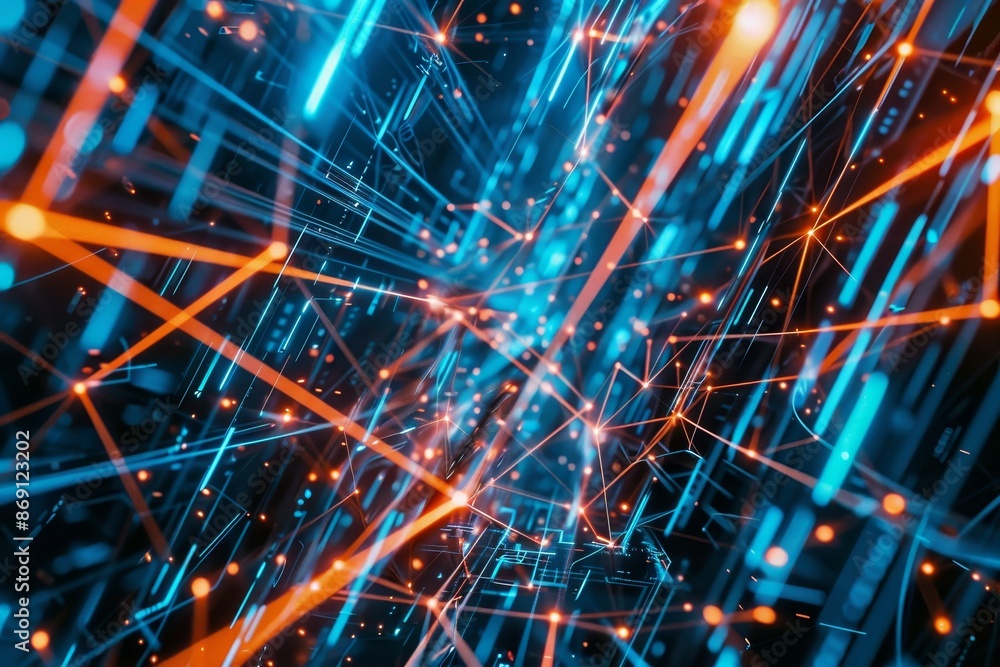 Poster abstract blue and orange background featuring intersecting lines and scattered dots forming digital 