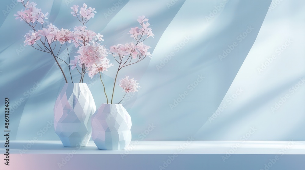Poster two white geometric vases with pink floral arrangements on a white shelf against a light blue backgr
