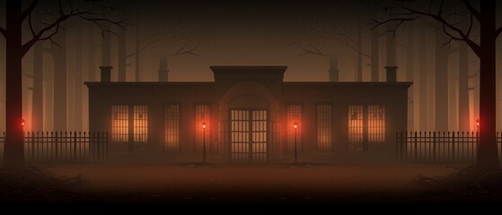 Eerie mansion with glowing lights in a foggy forest, evoking a mysterious and spooky atmosphere, perfect for Halloween themes.
