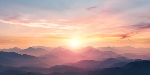 Colorful Sunset Panoramic Landscape Drawing with Warm Clouds and Mountain Range. Concept Sunset art, Landscape drawing, Colorful sky, Mountain range, Warm clouds