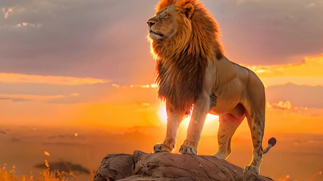 lion, mane blowing in the wind, standing on a rocky outcrop overlooking the savannah at dawn, symbolizing natural power and leadership