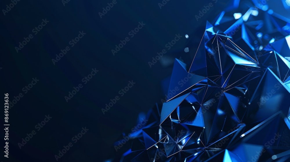 Poster an abstract vector illustration with intricate digital polygons in varying shades of blue against a 