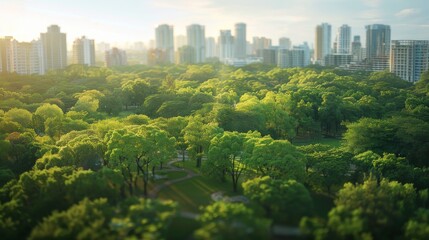 Fototapeta premium An aerial photograph captures a vibrant city park filled with lush trees and open spaces. In the background, urban buildings rise against the clear sky