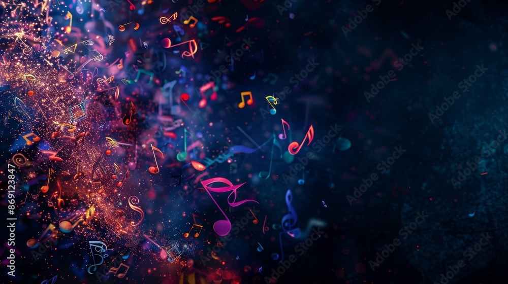 Poster a captivating artistic composition of colorful music notes and symbols arranged abstractly against a