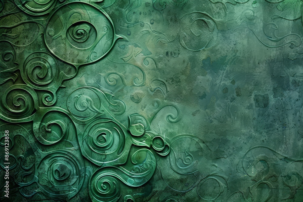 Poster various shades of green swirl together on a textured background, abstract swirls and patterns in var