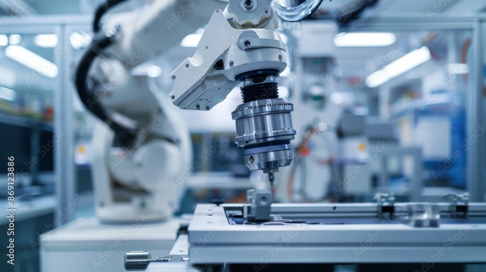 Poster a close-up shot of a robotic arm operating in a modern laboratory setting. the image focuses on the 