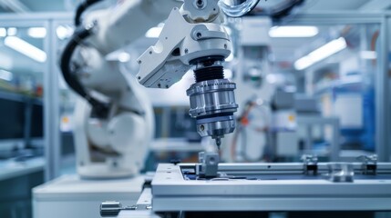 A close-up shot of a robotic arm operating in a modern laboratory setting. The image focuses on the intricate details of the arms mechanism as it performs a precise task