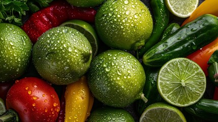 A close-up overhead shot showcasing the vibrant texture and freshness of limes covered in water droplets, surrounded by other colorful vegetables like cucumbers, tomatoes, and peppers