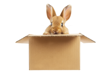 Cute brown rabbit peaking out from cardboard box isolated on transparent background